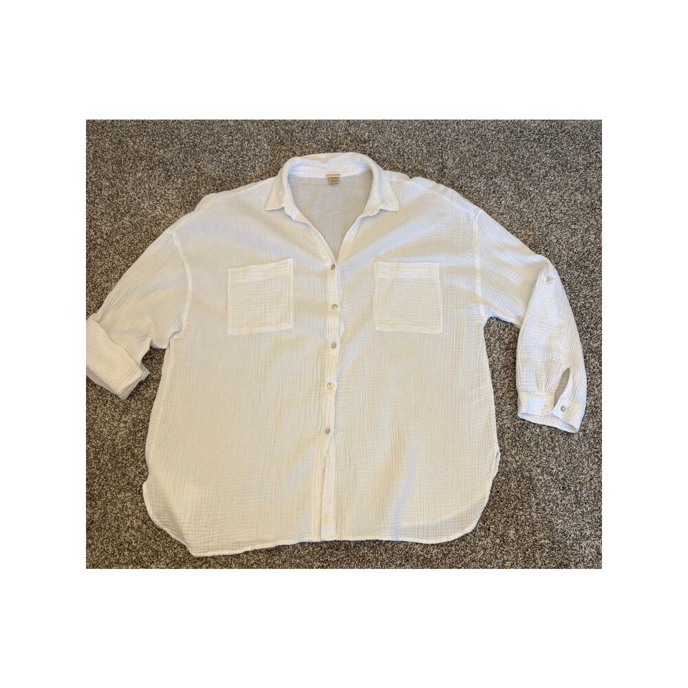 Magashoni 100% Organic Cotton Oversized Roll Tab Button Up Blouse XL White - Picture 2 of 8